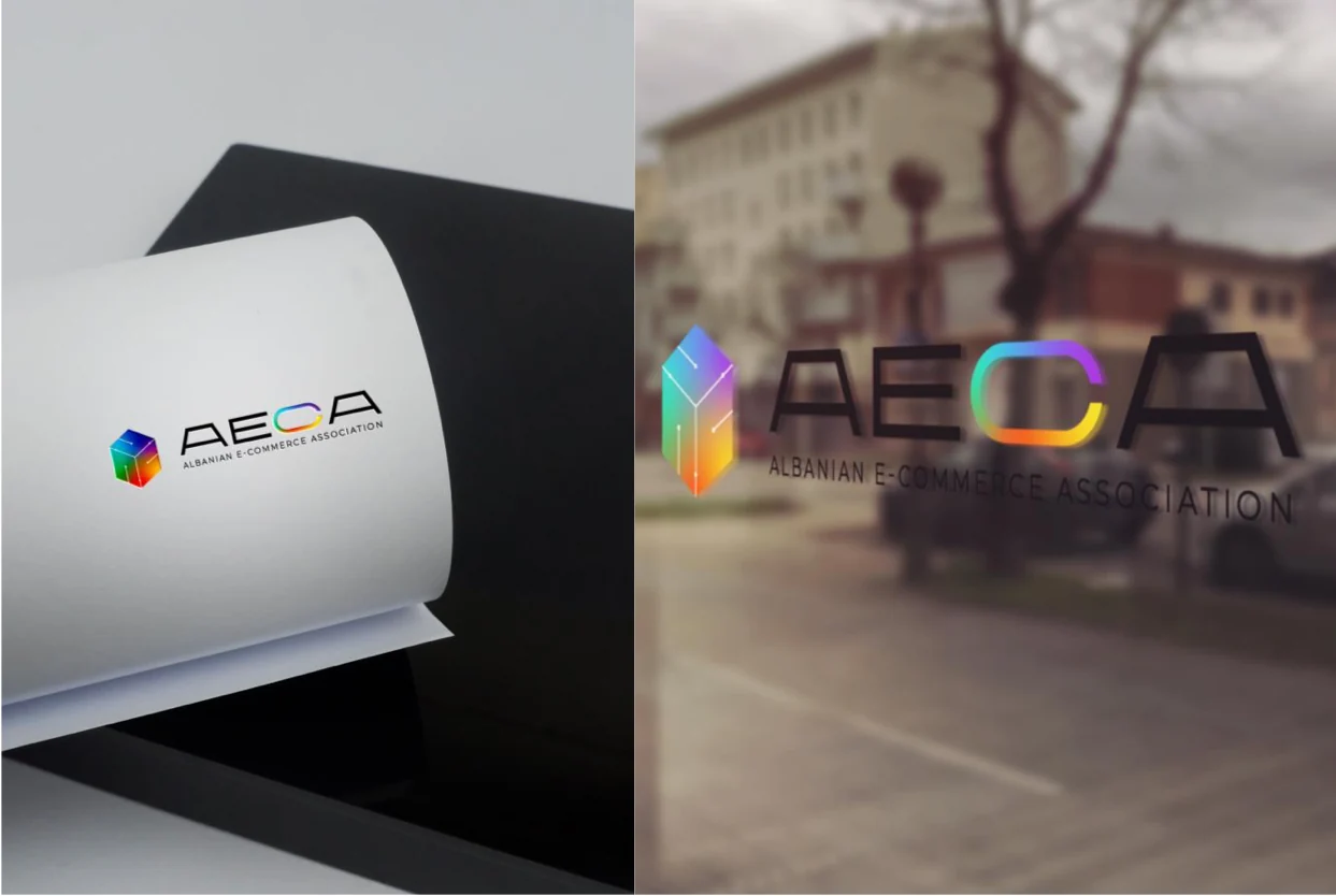 AECA identity applied to stationery and glass signage