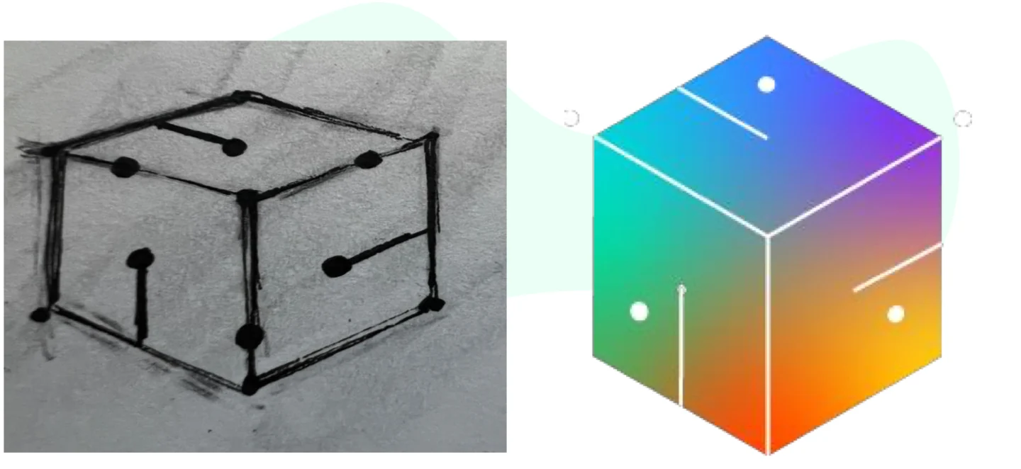 AECA cube symbol from original sketch to colour illustration